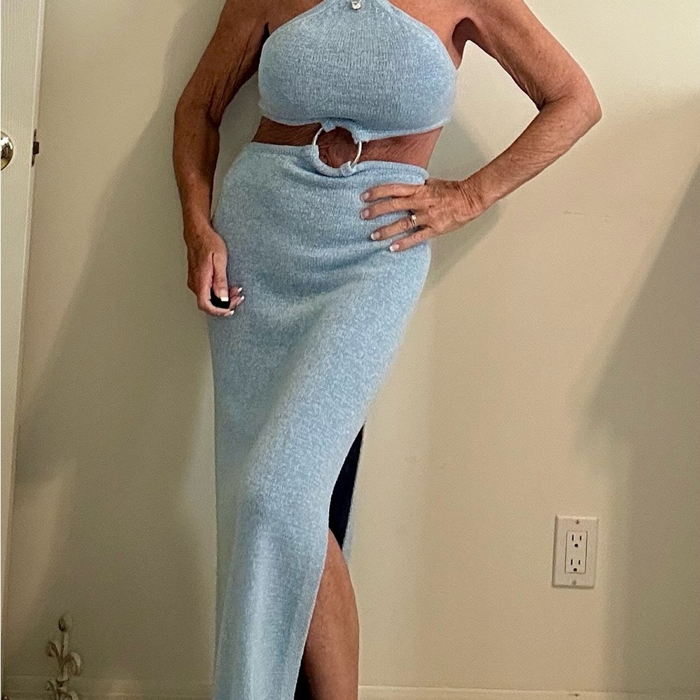 Baby Blue Poly Cotton Maxi Dress Large EXC Silver Accents